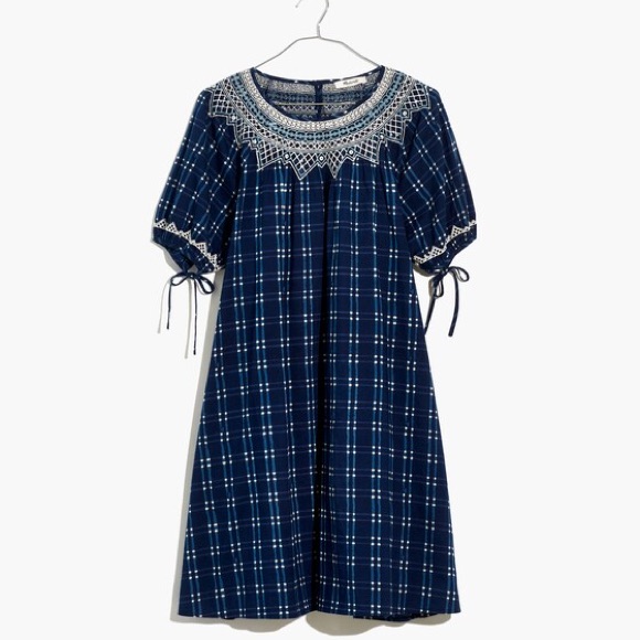 Madewell Dress Xxs Embroidered Puff-Sleeve Mini Babydoll Boho Blue Plaid